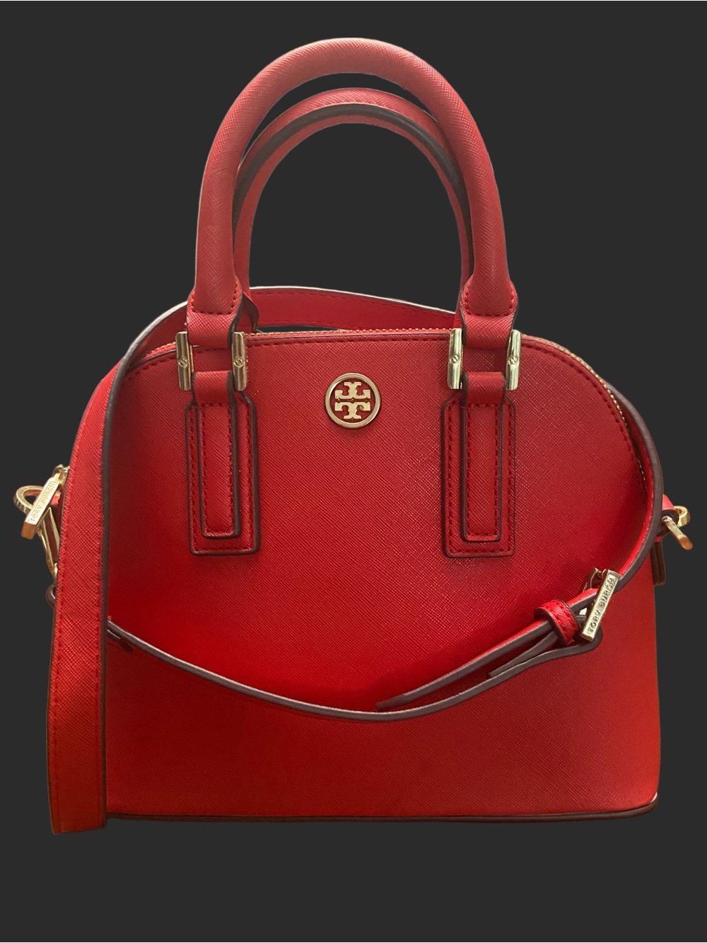 Tory Burch Mini Red Dome Satchel with Gold Logo